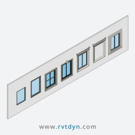 High-quality Revit window families displayed in 3D view with customizable parameters