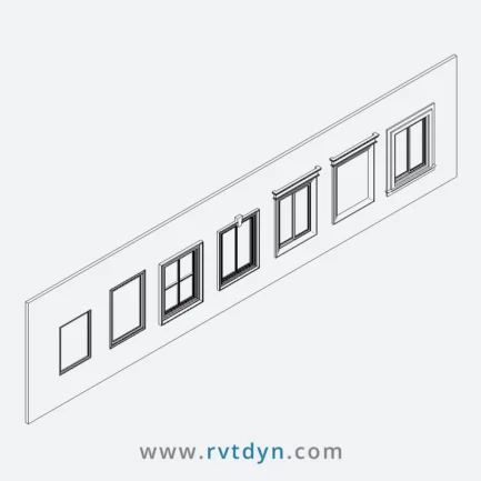 Different types of Revit window families including sliding and fixed windows with exterior trims