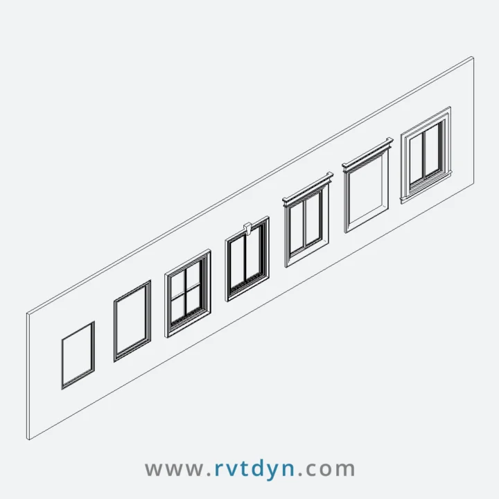 Different types of Revit window families including sliding and fixed windows with exterior trims